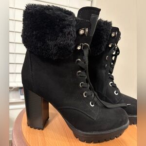 Black GUESS Fur-Lined Lace-Up Women's Boots